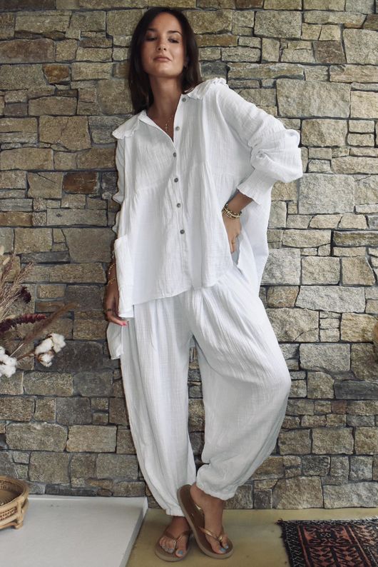 Annie Cushion Cotton Cuff Barrel Pant White Pre order 10 days 